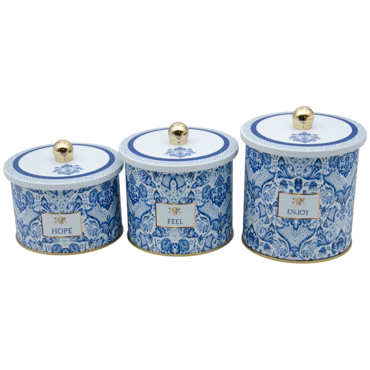 Round Metal Tin Canister Set Ø140 mm ( 3Pcs) Azulejo-Inspired Blue & White Decorative Pattern Azulejos Design