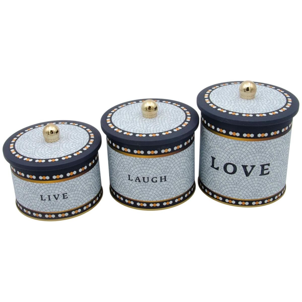 Round Metal Tin Canister Set Ø140 mm ( 3Pcs) Geometric Mosaic Pattern Mosaic Design