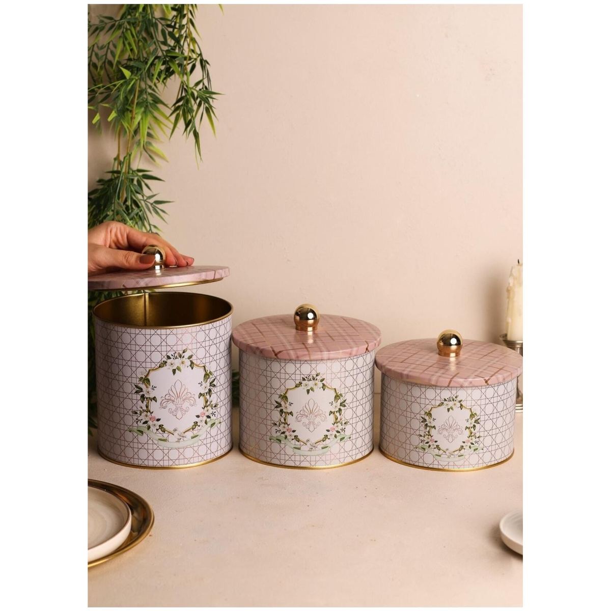 Round Metal Tin Canister Set Ø140 mm  ( 3Pcs)  Rosy Rosy Design