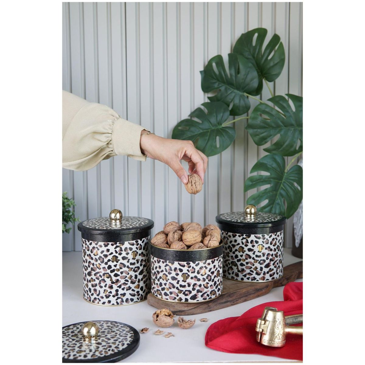 Round Metal Tin Canister Set Ø140 mm  ( 3Pcs)  Gold Leopard Print Pattern Leo Design