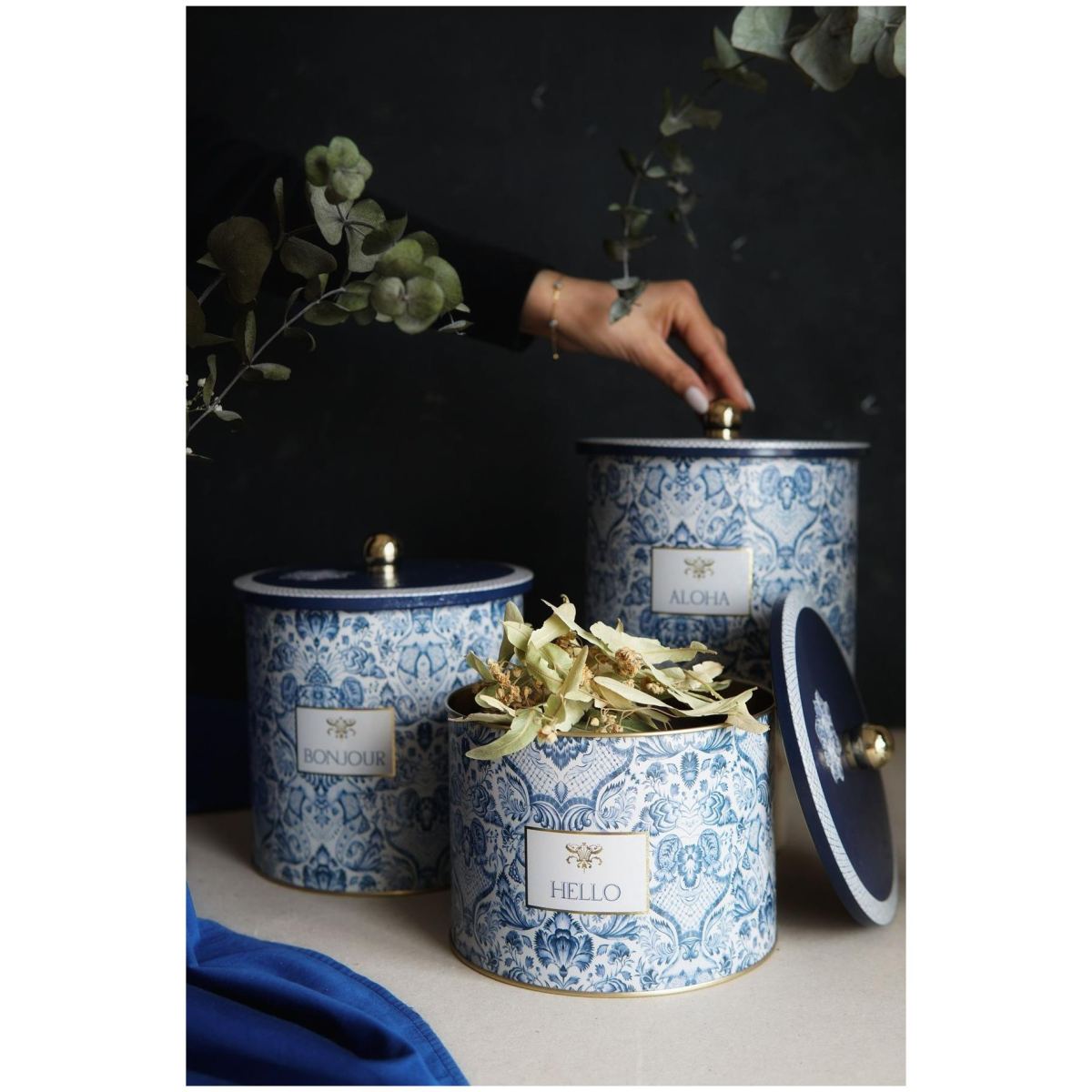  Round Metal Tin Canister Set Ø175 mm ( 3Pcs)  Azulejo-Inspired Blue &amp; White Decorative Pattern Azulejos Design