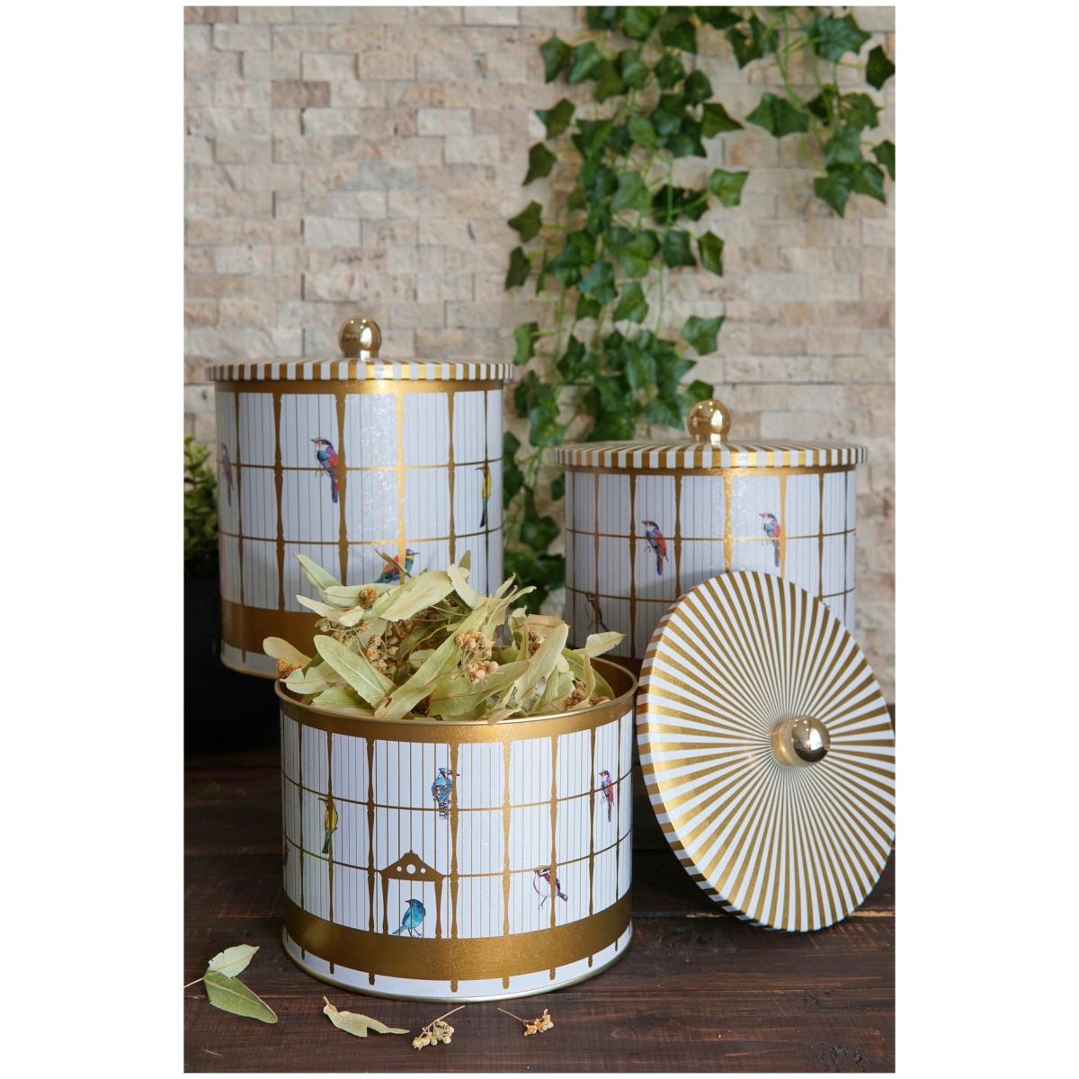 Round Metal Tin Canister Set Ø175 mm ( 3Pcs) Vintage Birdcage Illustration with Colorful Birds Bird Cage Design