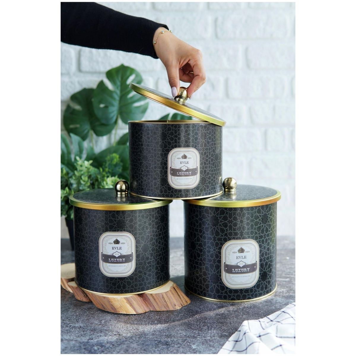  Round Metal Tin Canister Set Ø175 mm ( 3Pcs)  gold geometric pattern black background Trellis Design