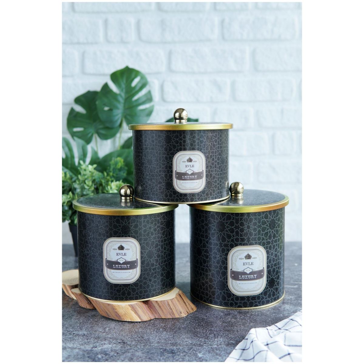  Round Metal Tin Canister Set Ø175 mm ( 3Pcs)  gold geometric pattern black background Trellis Design
