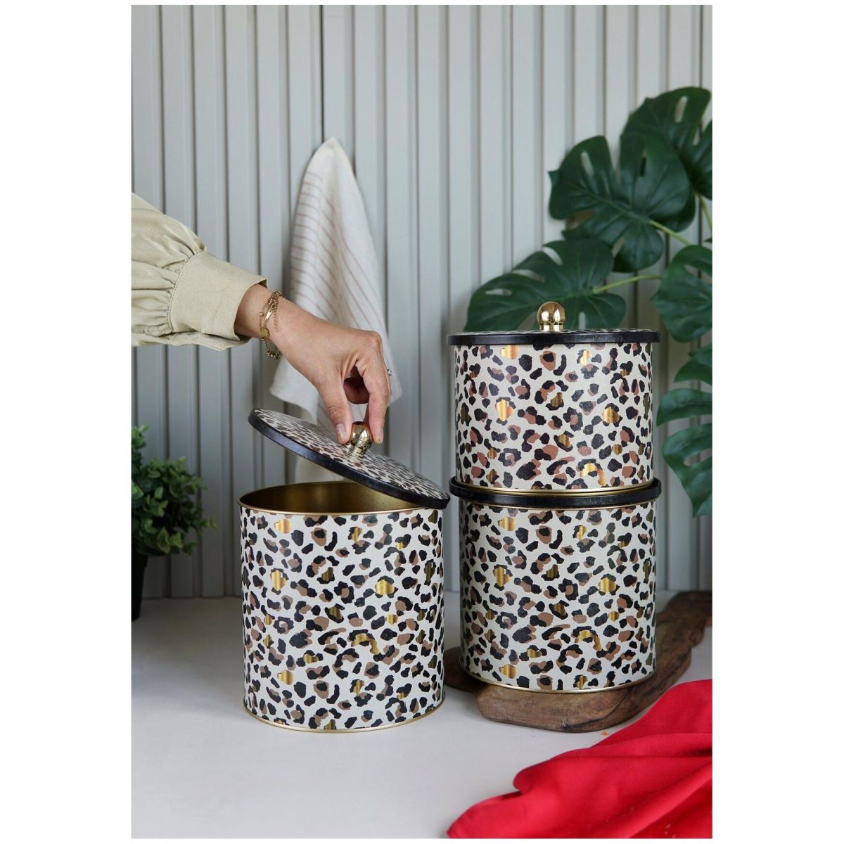  Round Metal Tin Canister Set Ø175 mm ( 3Pcs)  Gold Leopard Print Pattern Leo Design