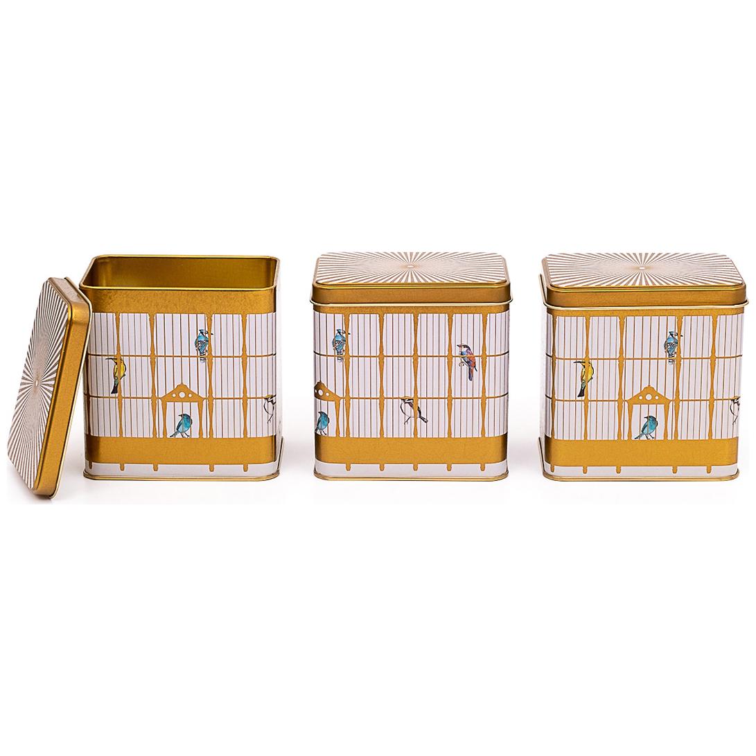 Rectangular Metal Storage Set – 80x 120 mm ( Set of 3 ) Vintage Birdcage Illustration with Colorful Birds Bird Cage Design