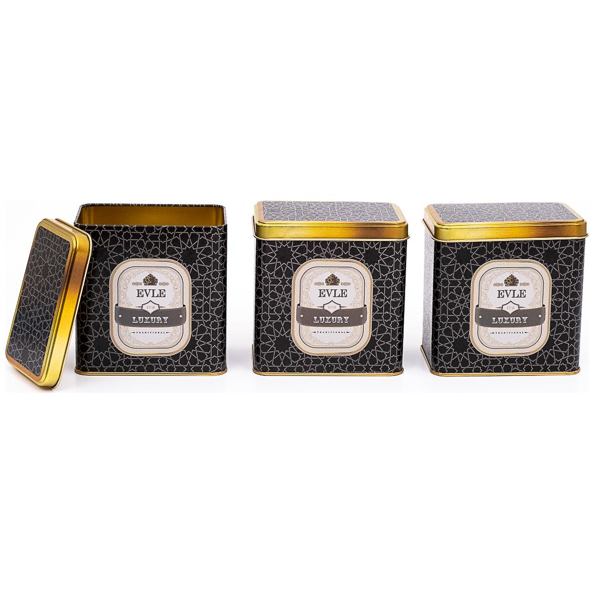 Rectangular Metal Storage Set – 80x 120 mm ( Set of 3 ) gold geometric pattern black background Trellis Design