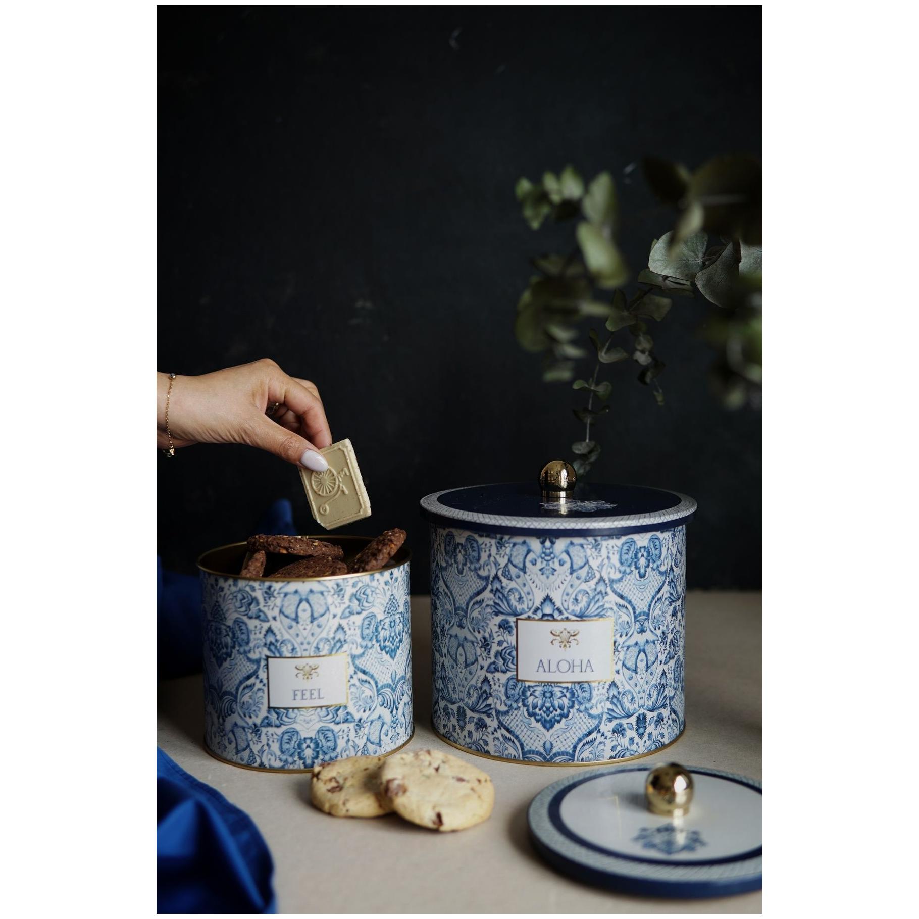 Round Metal Tin Box Set Ø175x155 -  Ø140x125  Knob Handle (2Pcs) Azulejo-Inspired Blue &amp; White Decorative Pattern Azulejos Design