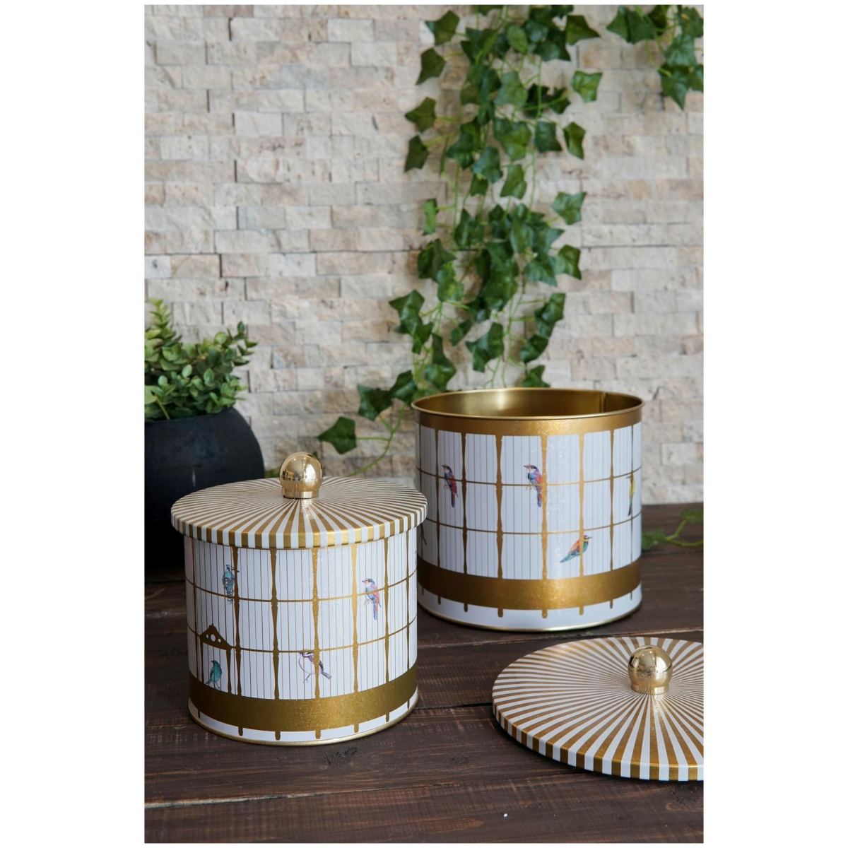 Round Metal Tin Box Set Ø175x155 - Ø140x125 Knob Handle (2Pcs) Vintage Birdcage Illustration with Colorful Birds Bird Cage Design