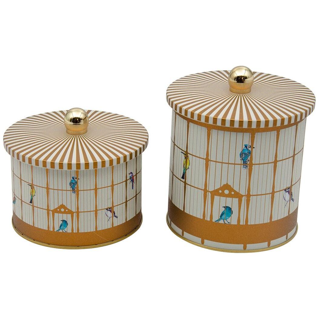 Round Metal Tin Box Set Ø175x155 - Ø140x125 Knob Handle (2Pcs) Vintage Birdcage Illustration with Colorful Birds Bird Cage Design