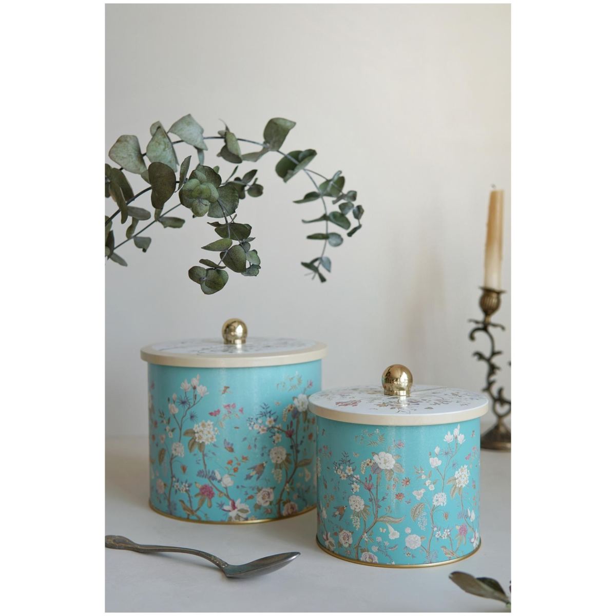 Round Metal Tin Box Set Ø175x155 - Ø140x125 Knob Handle (2Pcs) Floral Design Pastel Blue Botanica Design