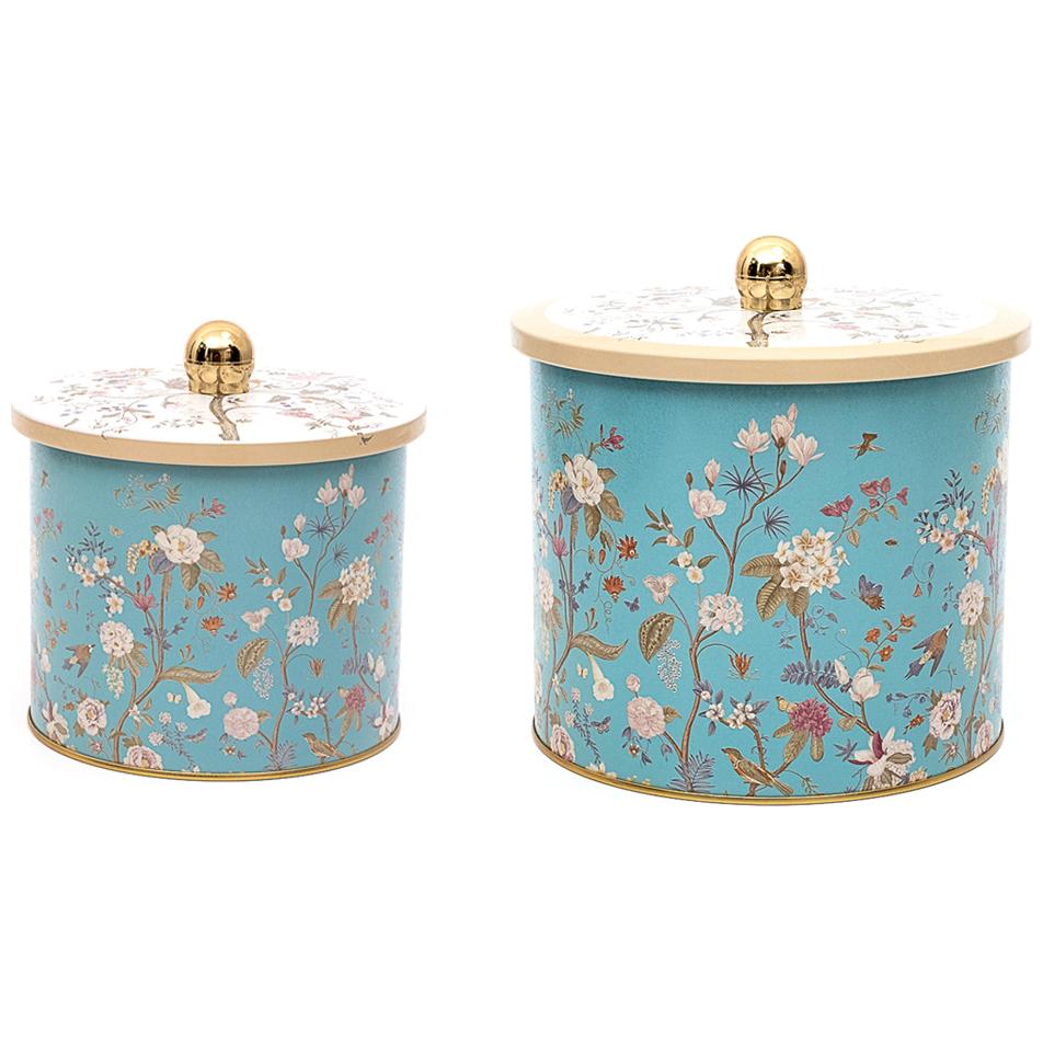 Round Metal Tin Box Set Ø175x155 - Ø140x125 Knob Handle (2Pcs) Floral Design Pastel Blue Botanica Design