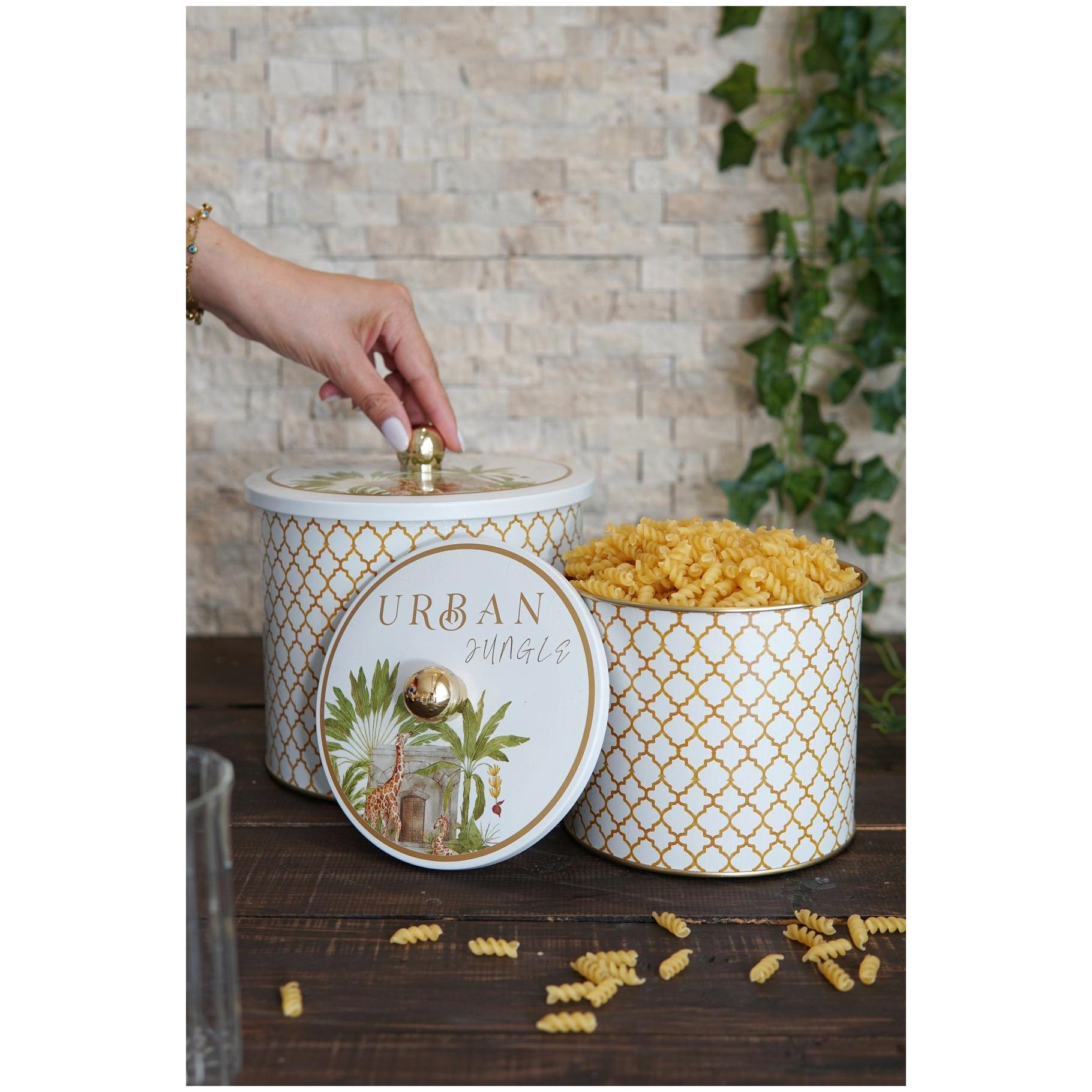 Round Metal Tin Box Set Ø175x155 -  Ø140x125  Knob Handle (2Pcs) Tropical Jungle – A Lush Paradise of Nature &amp; Wildlife Forrest Design