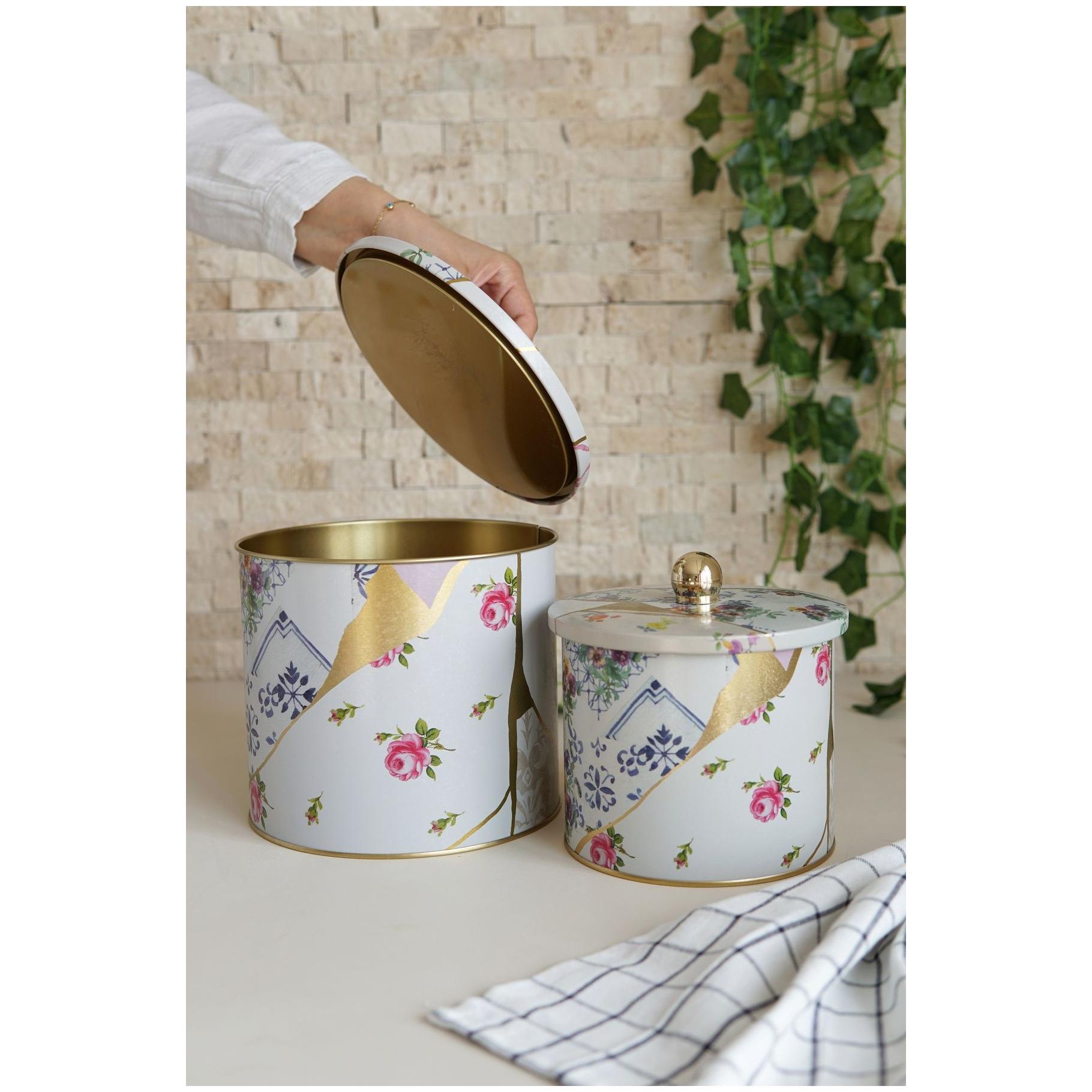 Round Metal Tin Box Set Ø175x155 -  Ø140x125  Knob Handle (2Pcs) Kintsugi Gold vein Flower  Kint Sugi Design