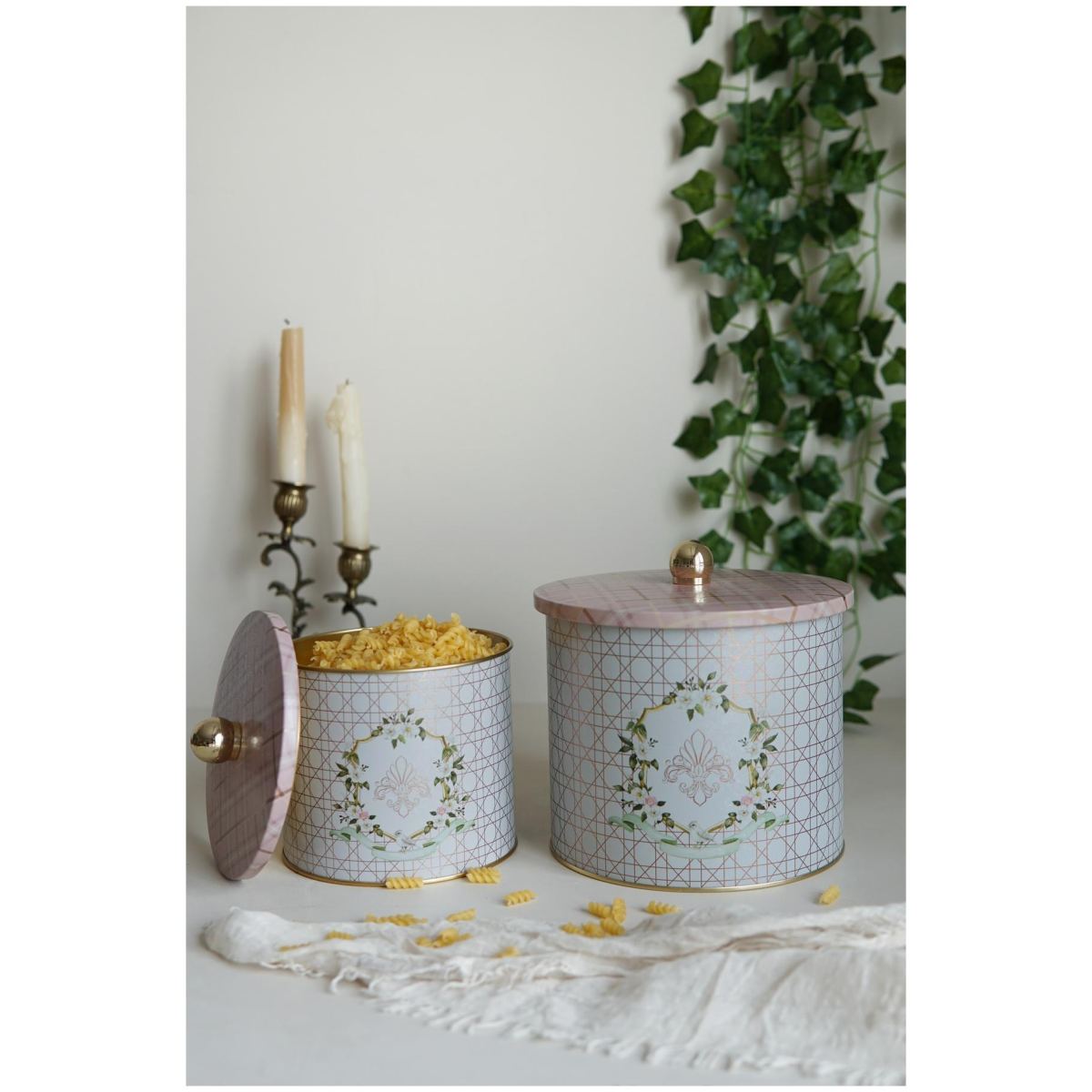 Round Metal Tin Box Set Ø175x155 - Ø140x125 Knob Handle (2Pcs) Rosy Rosy Design