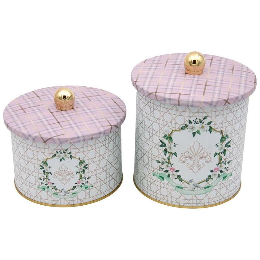 Round Metal Tin Box Set Ø175x155 - Ø140x125 Knob Handle (2Pcs) Rosy Rosy Design
