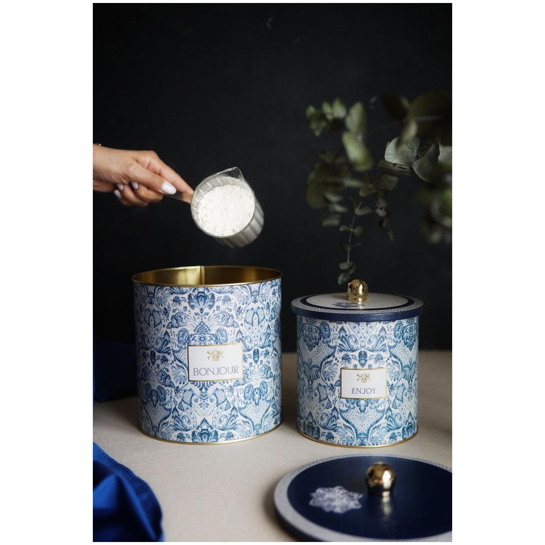 Round Metal Tin Box Set Ø175x180 -  Ø140x150  Knob Handle (2 Pcs) Azulejo-Inspired Blue &amp; White Decorative Pattern Azulejos Design