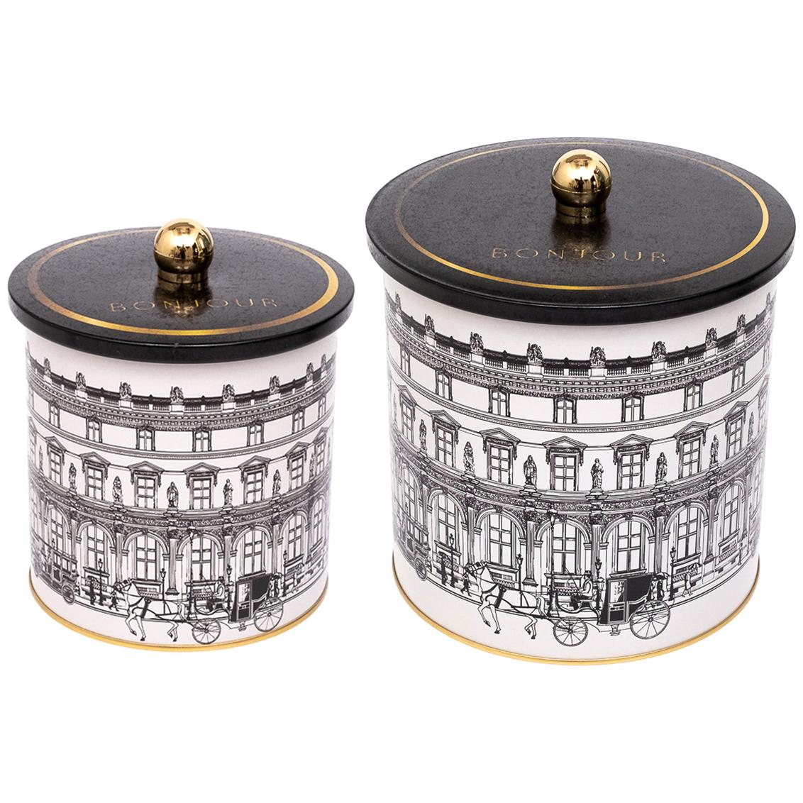 Round Metal Tin Box Set Ø175x180 -  Ø140x150  Knob Handle (2 Pcs) vintage cityscapes illustration City Design