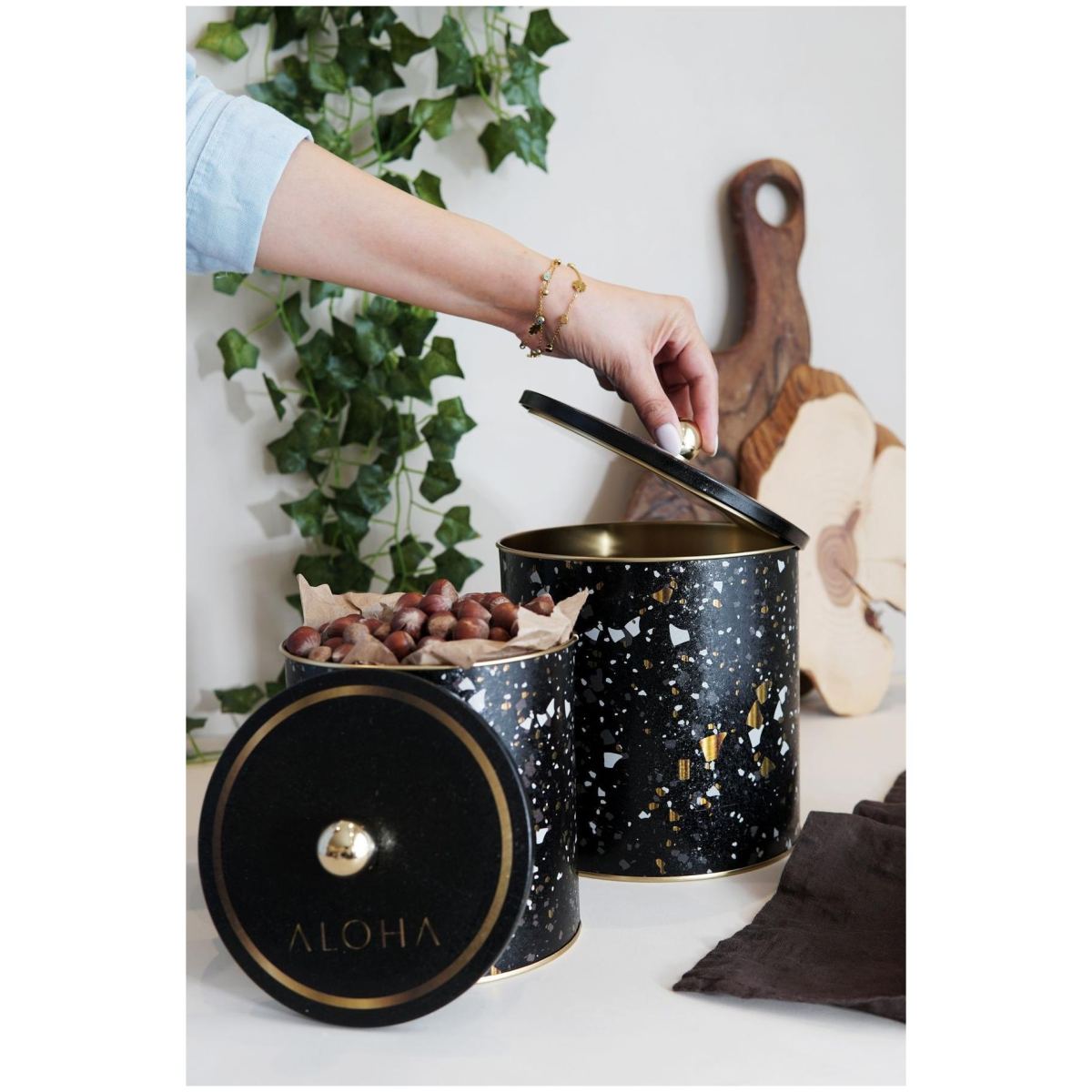 Round Metal Tin Box Set Ø175x180 - Ø140x150 Knob Handle (2 Pcs) Terrazo Terrazo Design