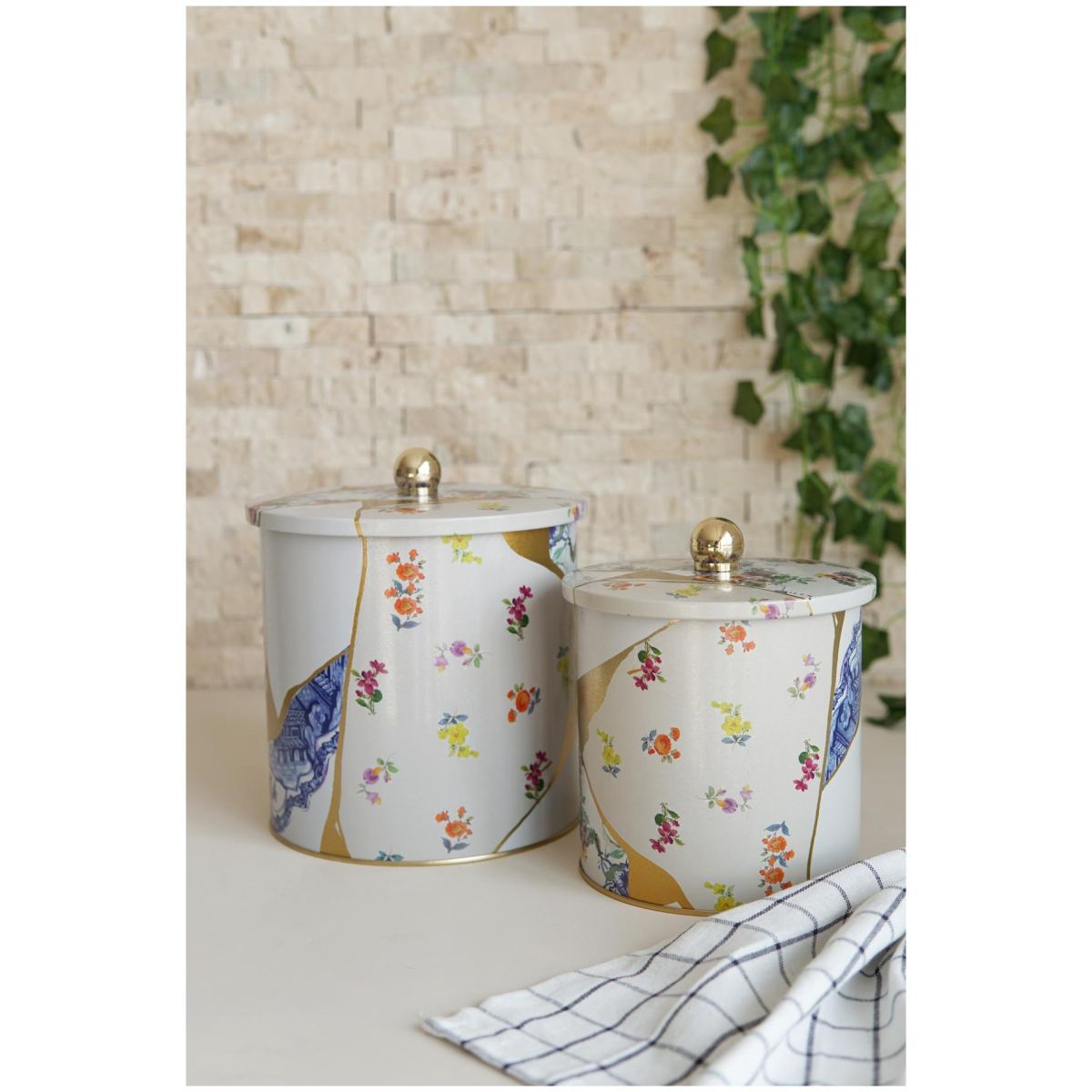 Round Metal Tin Box Set Ø175x180 -  Ø140x150  Knob Handle (2 Pcs) Kintsugi Gold vein Flower  Kint Sugi Design
