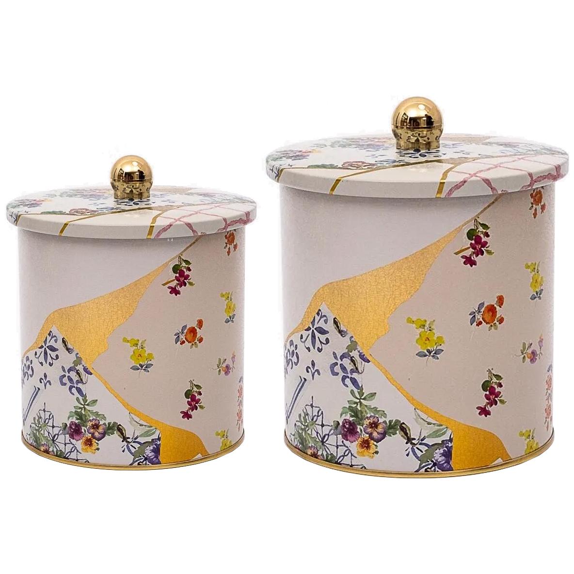 Round Metal Tin Box Set Ø175x180 -  Ø140x150  Knob Handle (2 Pcs) Kintsugi Gold vein Flower  Kint Sugi Design