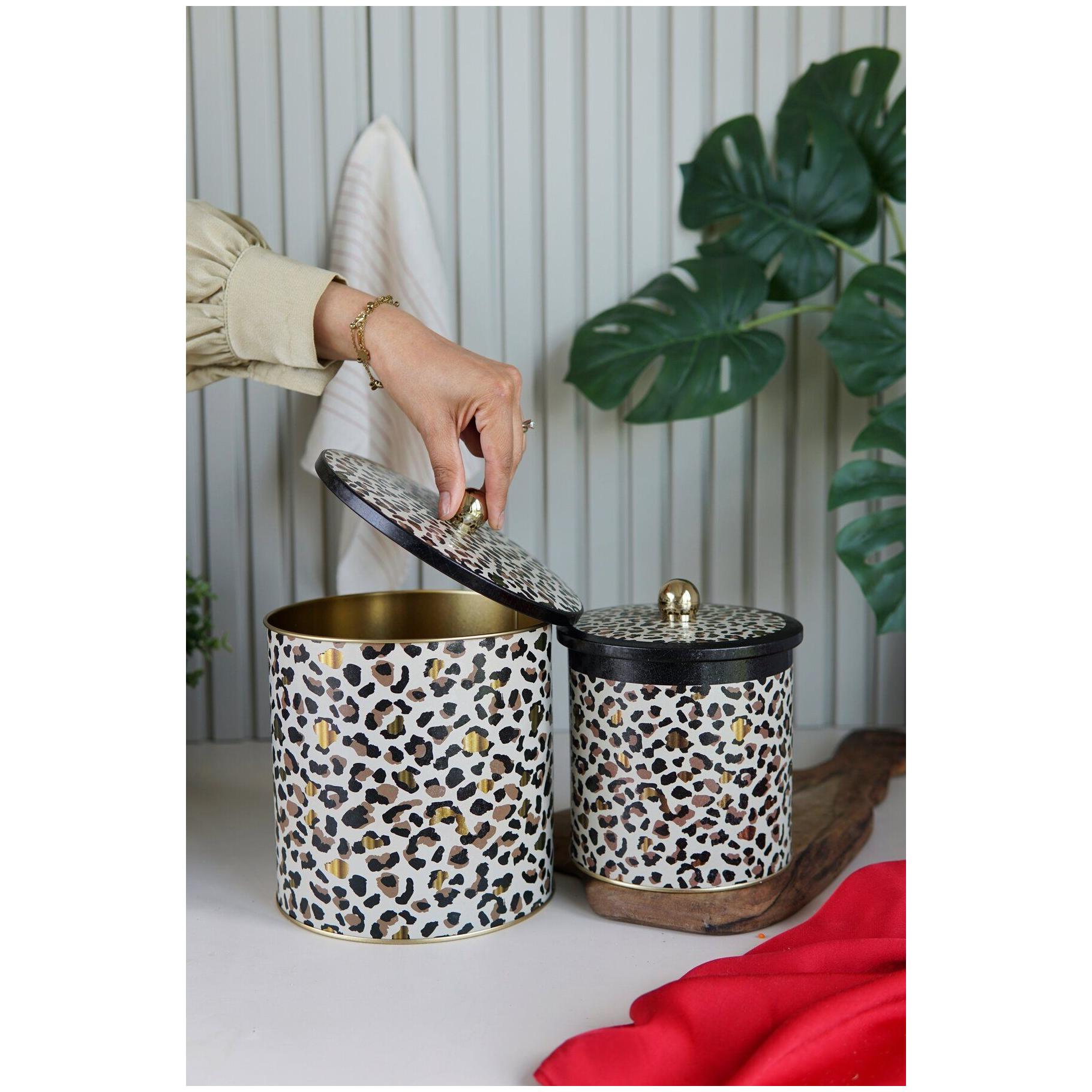 Round Metal Tin Box Set Ø175x180 -  Ø140x150  Knob Handle (2 Pcs) Gold Leopard Print Pattern Leo Design