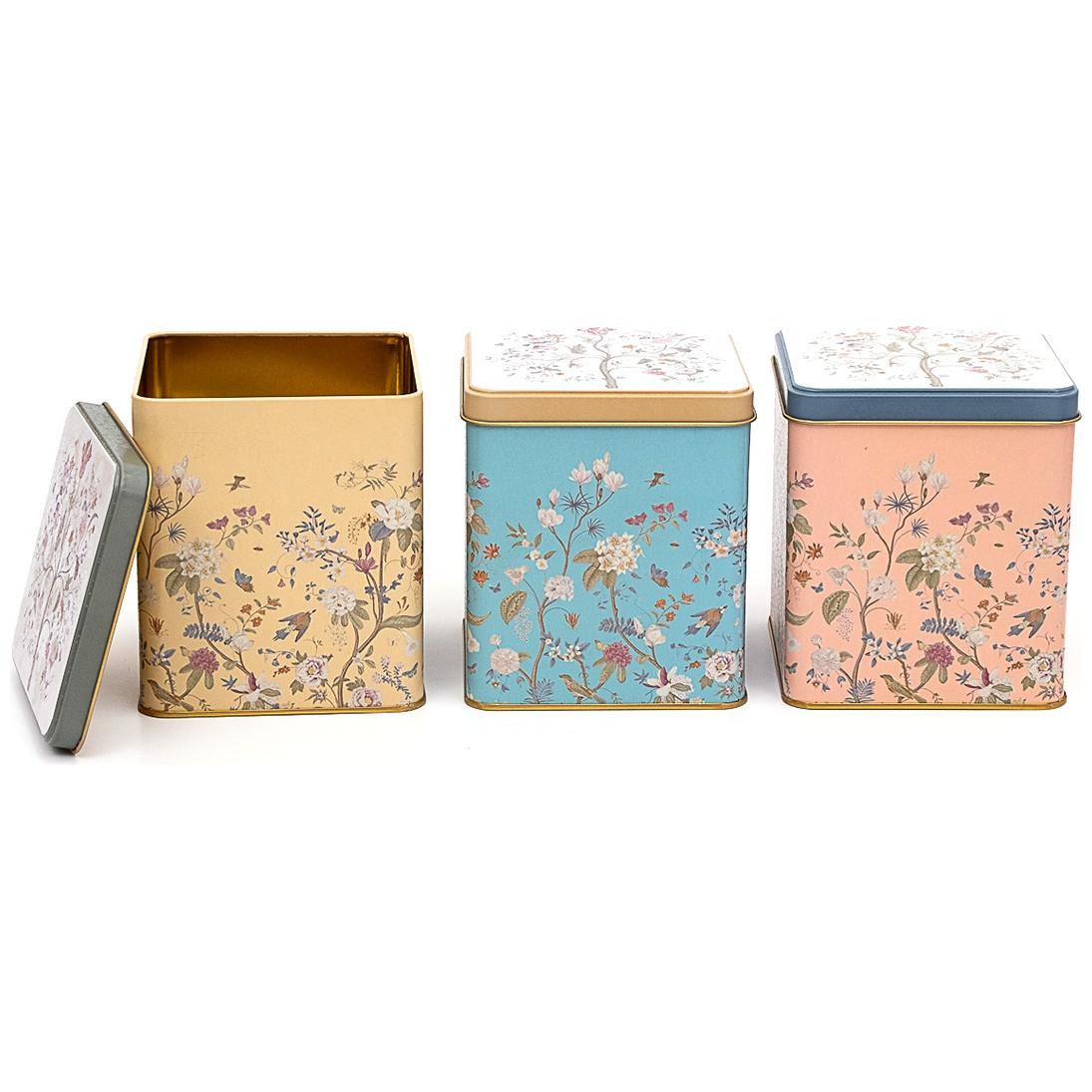 Square Metal Storage Box Set 120x120 (3 Pcs ) Floral Design Pastel Blue Botanica Design