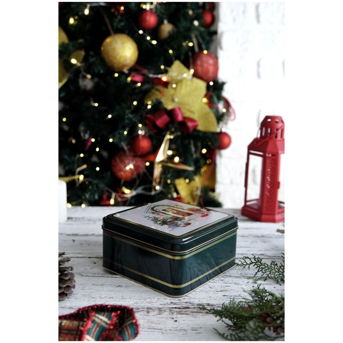 Metal Storage Tin Set – Square &amp; Round  Green christmas Tree Home  Valentine And New Year Design