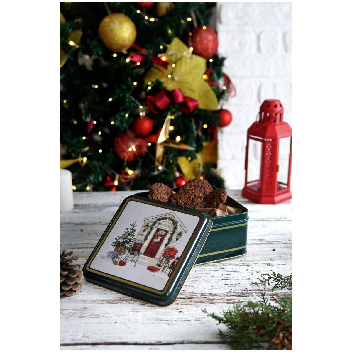 Metal Storage Tin Set – Square &amp; Round  Green christmas Tree Home  Valentine And New Year Design