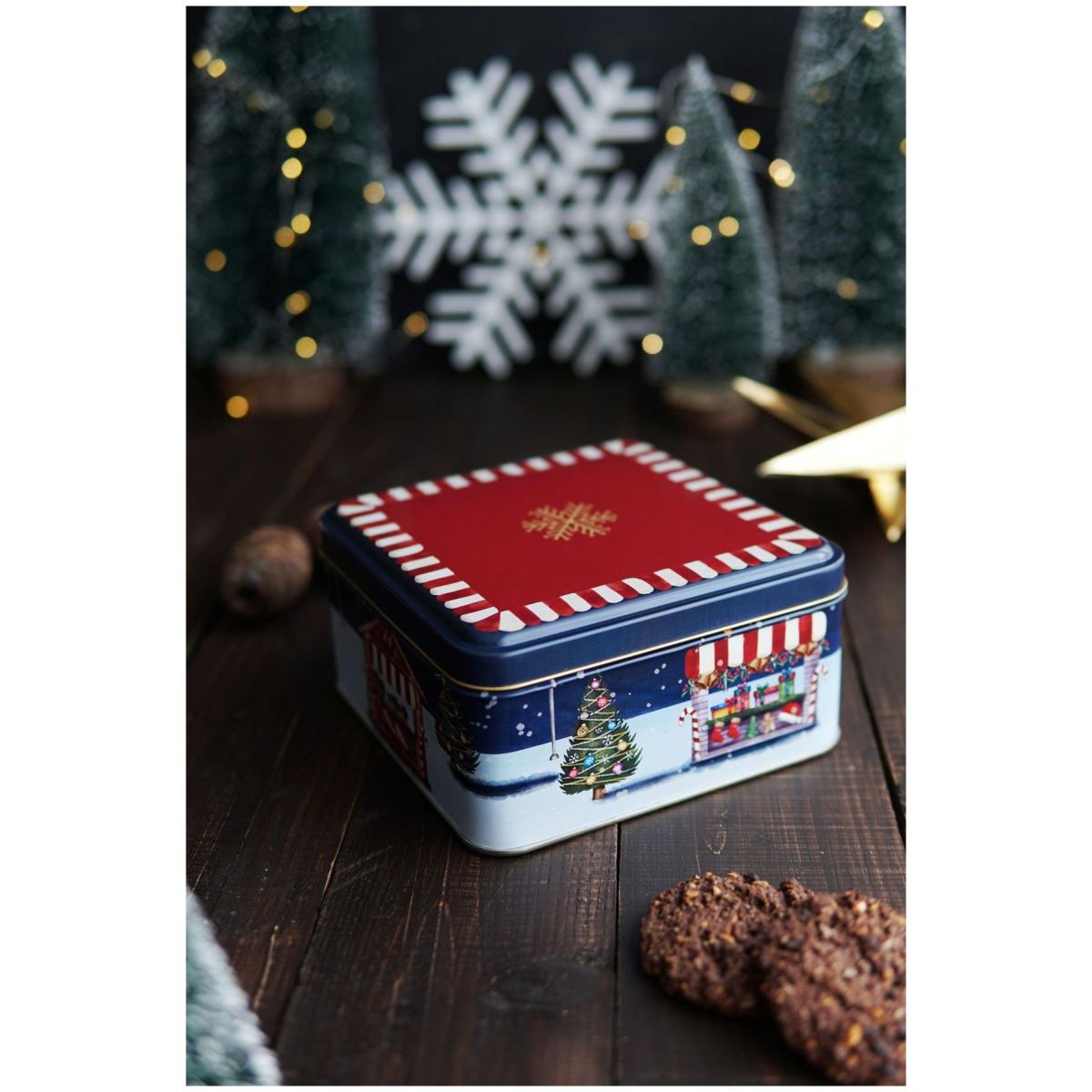 Metal Storage Tin Set – Square &amp; Round  Gold Snow Crystal  red background  Valentine And New Year Design
