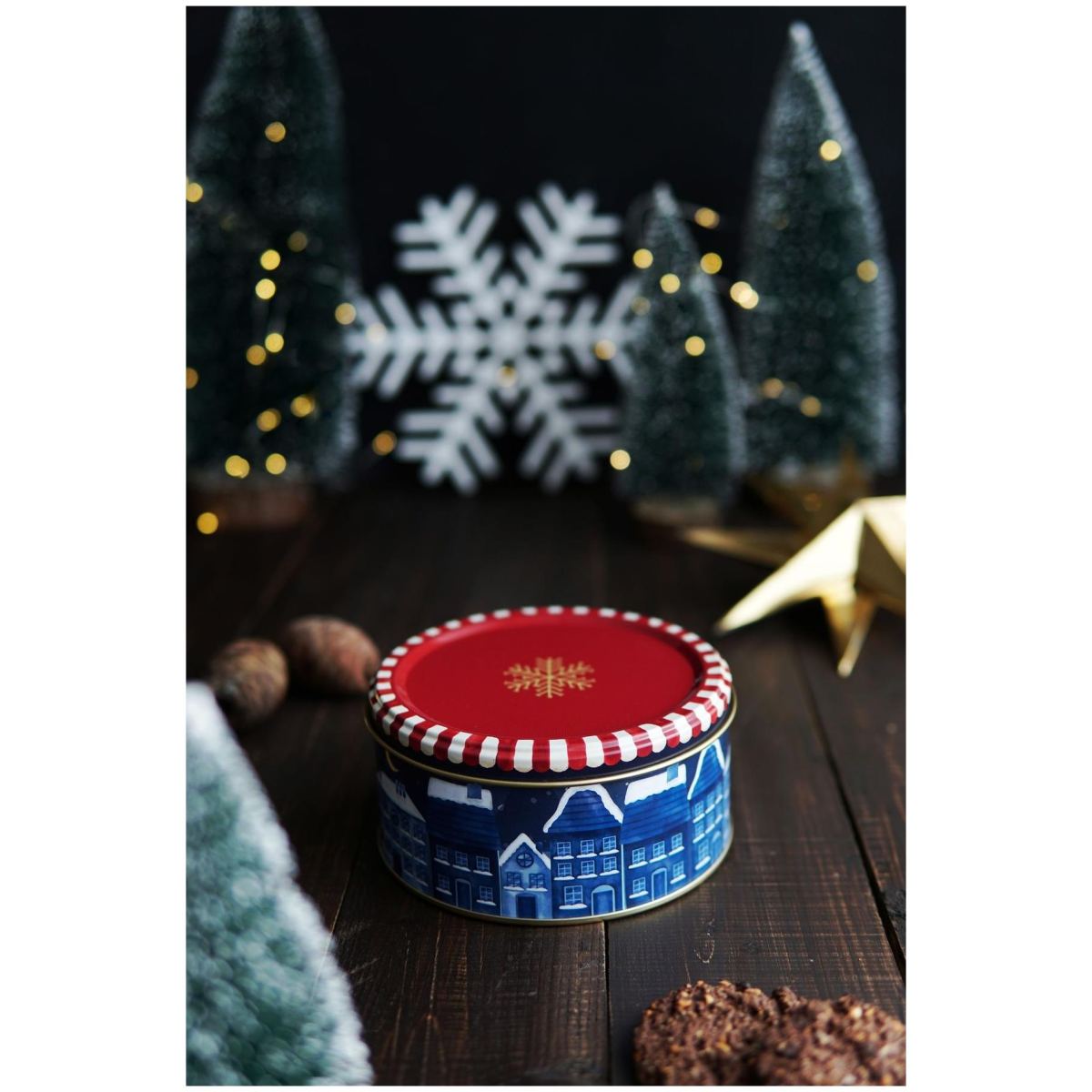 Metal Storage Tin Set – Square &amp; Round  Gold Snow Crystal  red background  Valentine And New Year Design