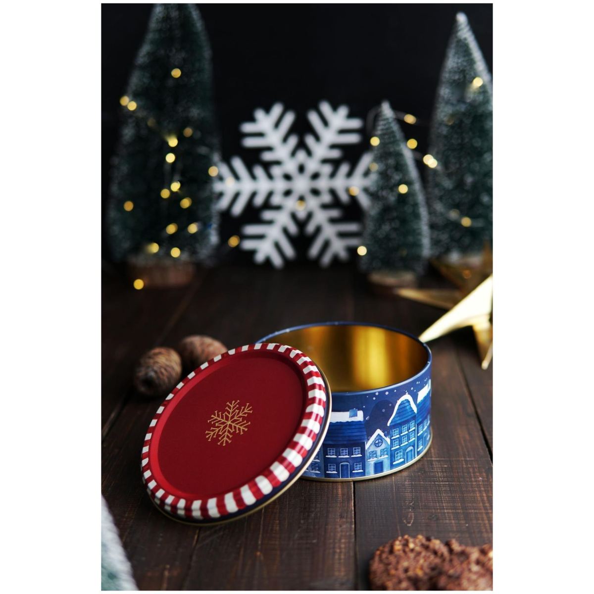 Metal Storage Tin Set – Square &amp; Round  Gold Snow Crystal  red background  Valentine And New Year Design