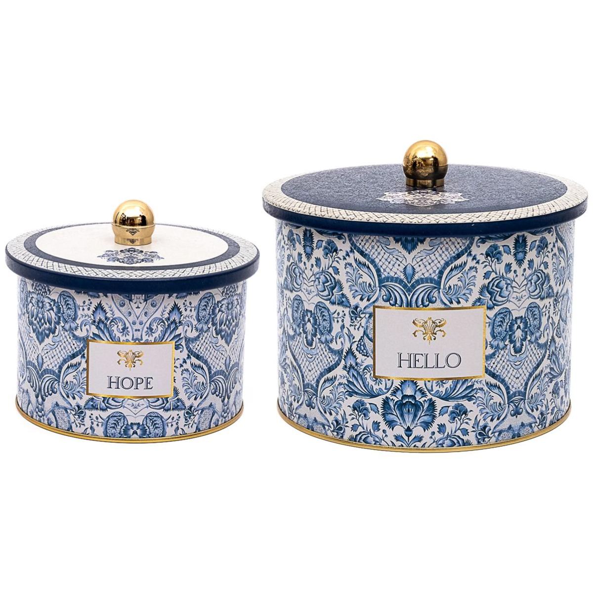 Round Metal Tin Box Set Ø175x155 - Ø140x125 Knob Handle (Set of 2) Azulejo-Inspired Blue & White Decorative Pattern Azulejos Design