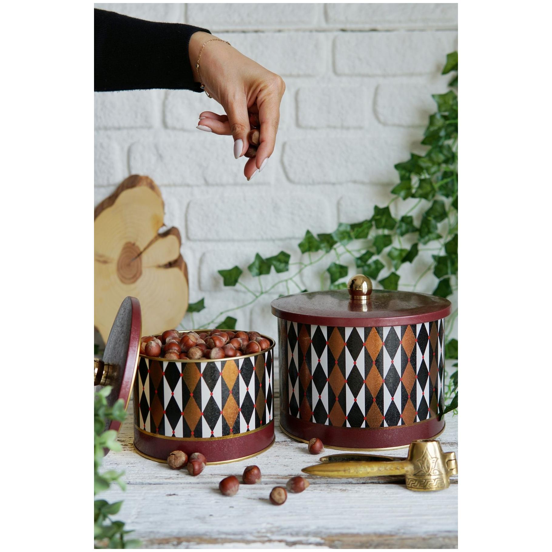 Round Metal Tin Box Set Ø175x155 -  Ø140x125  Knob Handle (Set of 2) Vintage Circus Elegance Circus Design