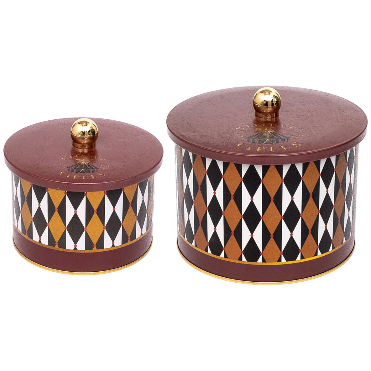 Round Metal Tin Box Set Ø175x155 - Ø140x125 Knob Handle (Set of 2) Vintage Circus Elegance Circus Design