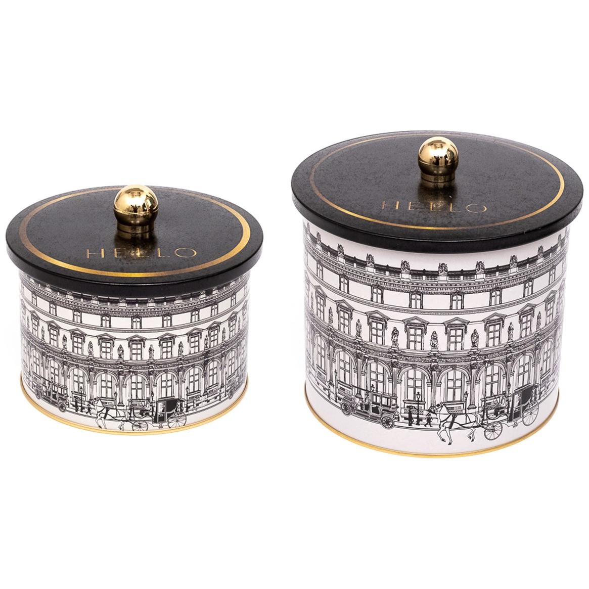 Round Metal Tin Box Set Ø175x155 - Ø140x125 Knob Handle (Set of 2) vintage cityscapes illustration City Design