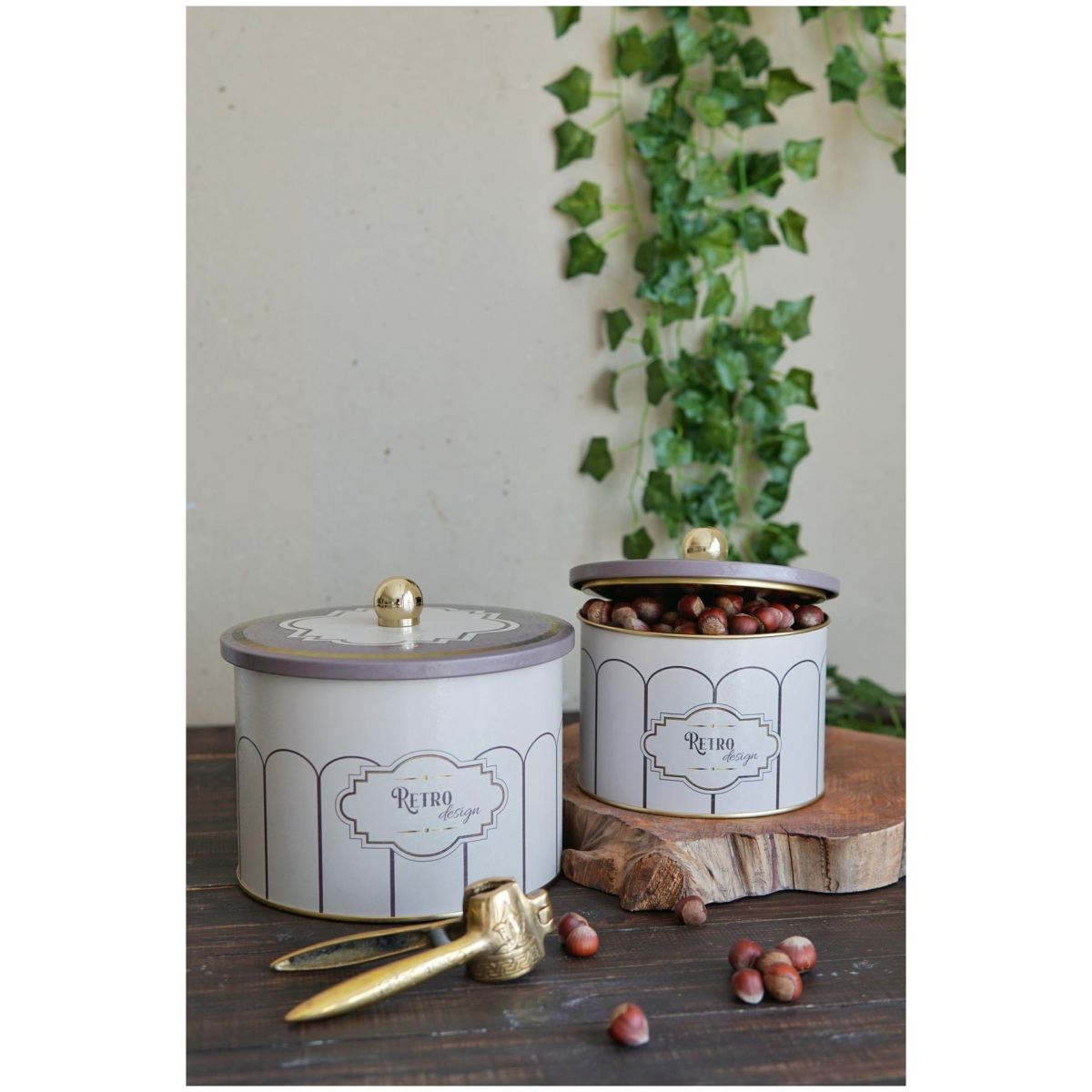 Round Metal Tin Box Set Ø175x155 - Ø140x125 Knob Handle (Set of 2) Retro Retro Design