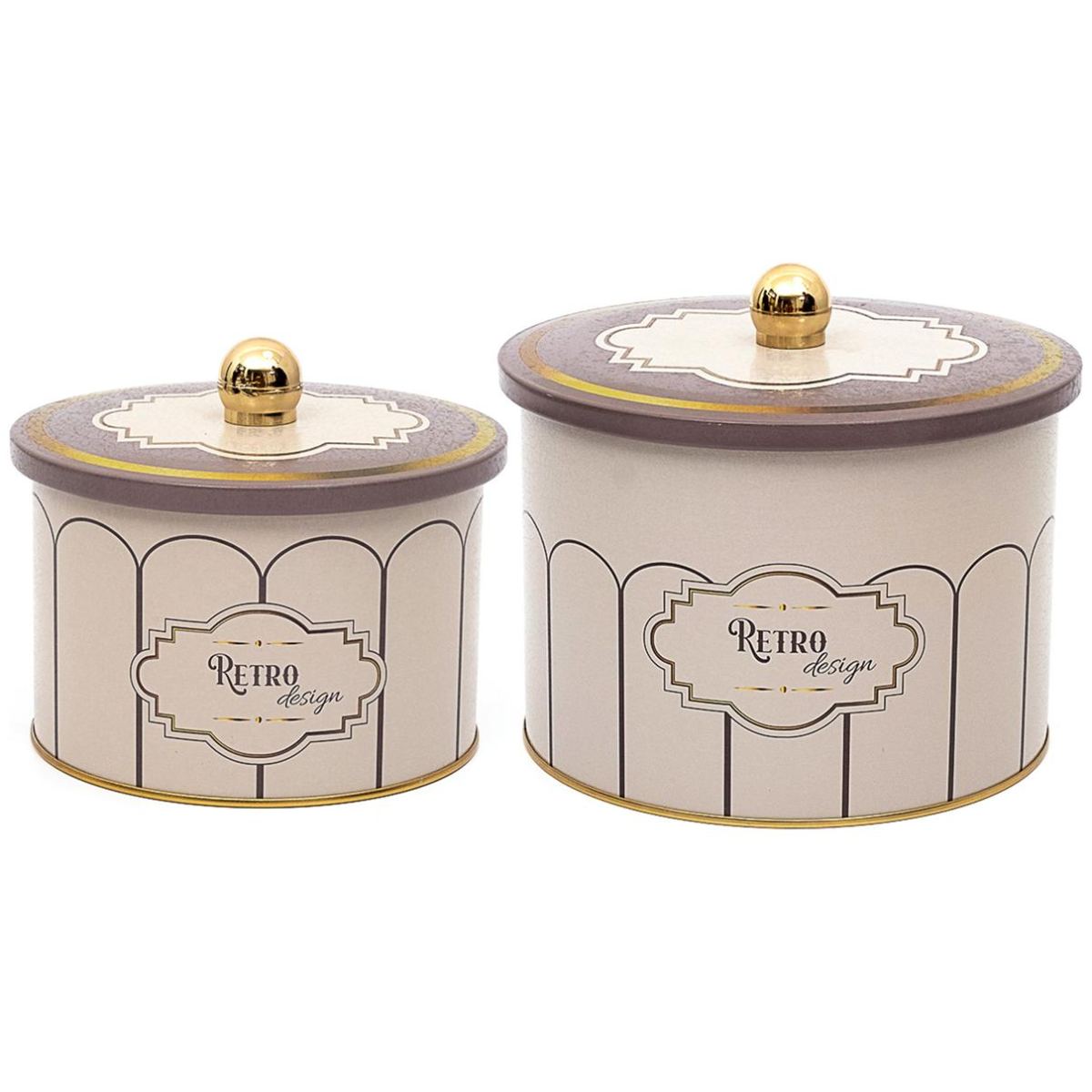 Round Metal Tin Box Set Ø175x155 - Ø140x125 Knob Handle (Set of 2) Retro Retro Design