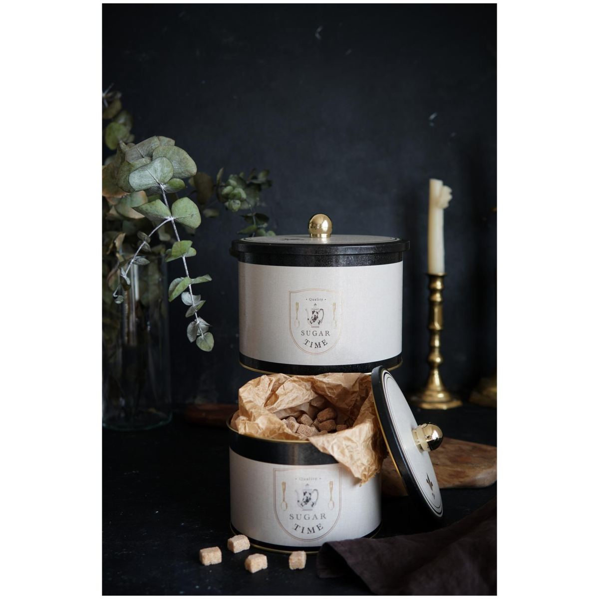 Round Metal Tin Box Set Ø175x155 -  Ø140x125  Knob Handle (Set of 2) Vintage Café-Inspired Linen Texture Design
 Azura Design