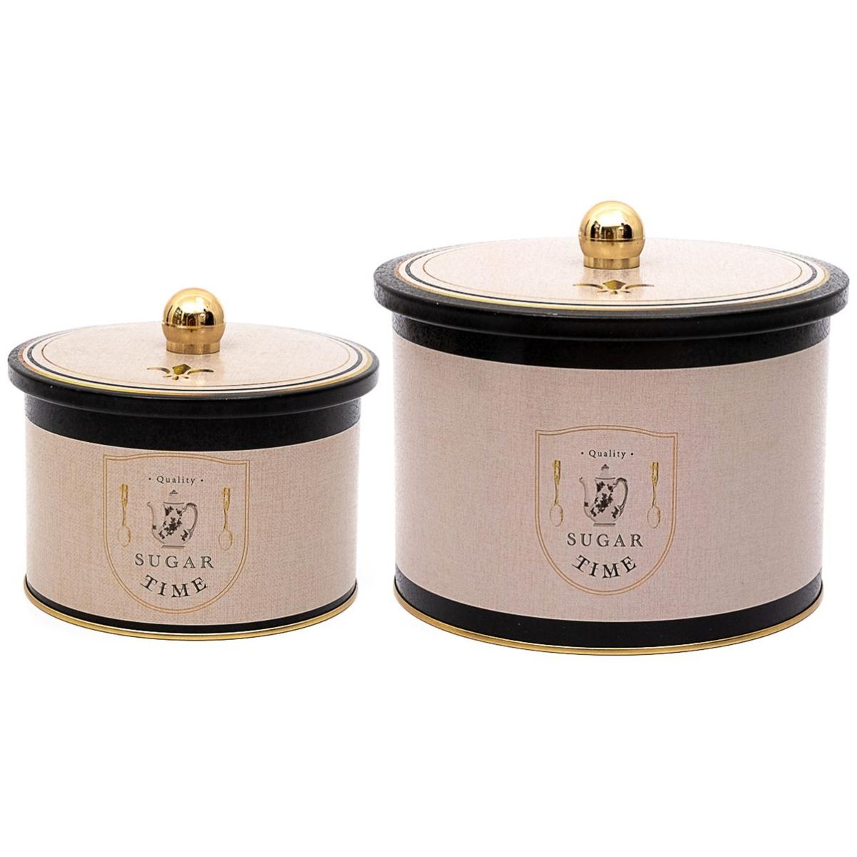 Round Metal Tin Box Set Ø175x155 -  Ø140x125  Knob Handle (Set of 2) Vintage Café-Inspired Linen Texture Design
 Azura Design