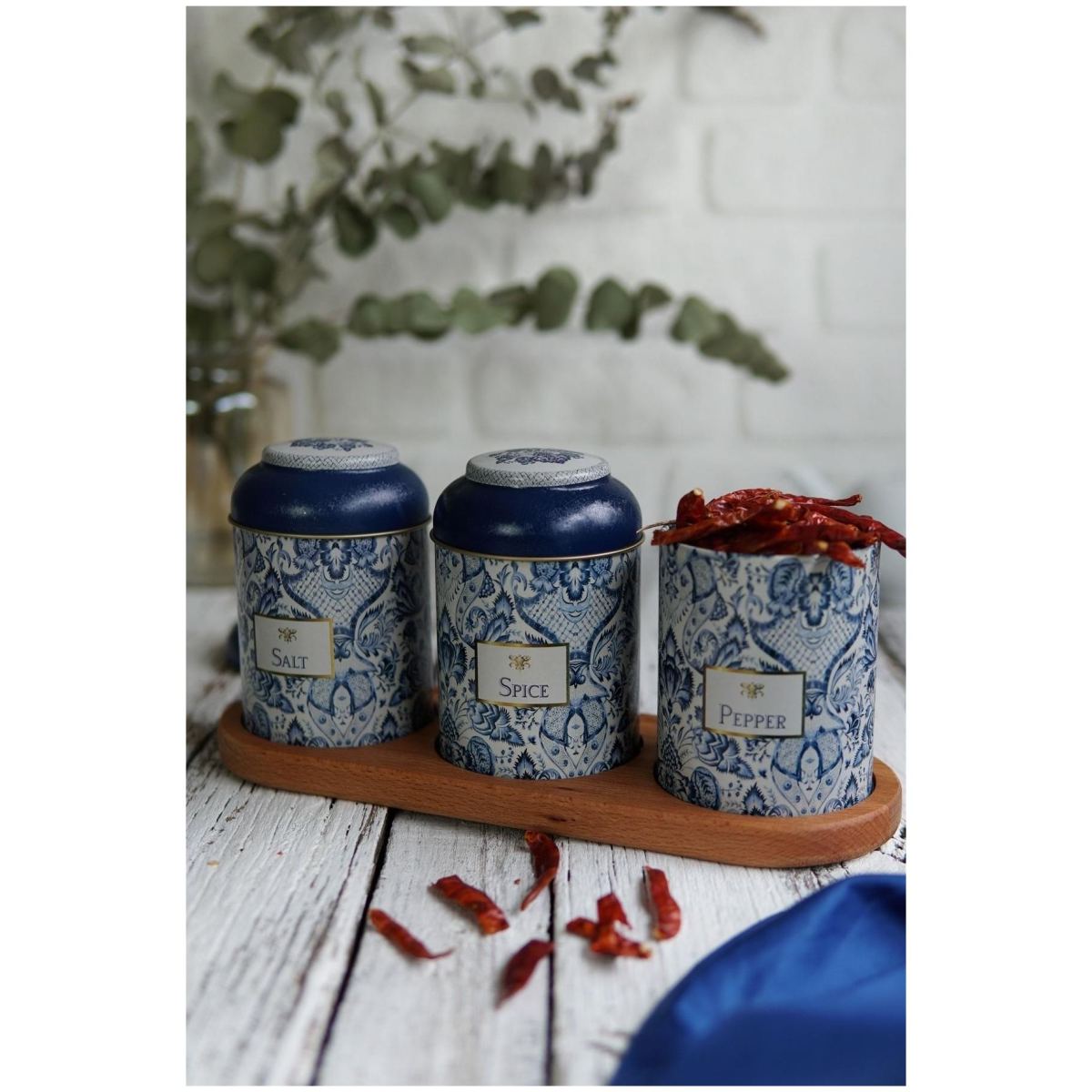 Round Metal Tin Box Set  Ø90 mm  ( 3 pcs) Azulejo-Inspired Blue &amp; White Decorative Pattern Azulejos Design