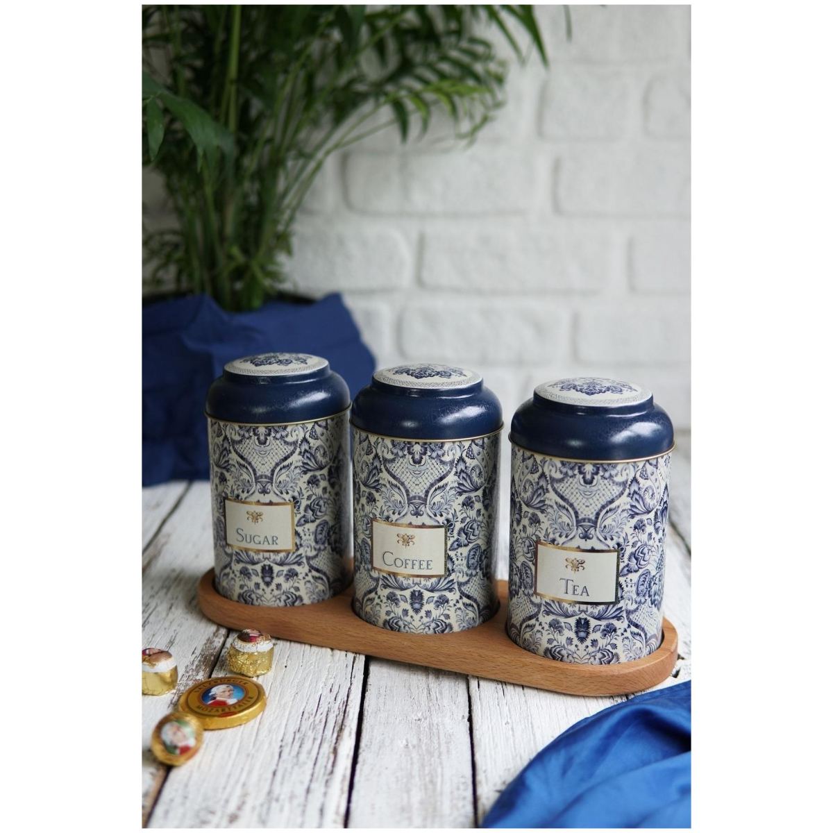 Round Metal Tin Box Set  Ø105 mm  ( 3 pcs) Azulejo-Inspired Blue &amp; White Decorative Pattern Azulejos Design
