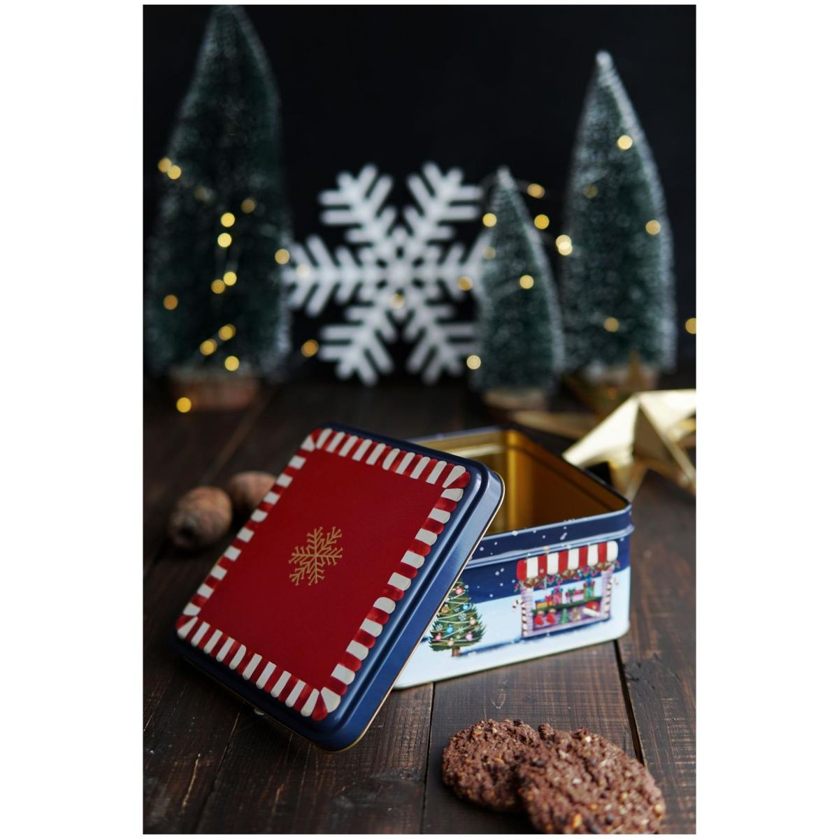 Round box Square box and Tray  ( Set of 3) for christmas  158x158x80 -Ø140x70 mm - Ø315mm Gold Snow Crystal  red background  Valentine And New Year Design