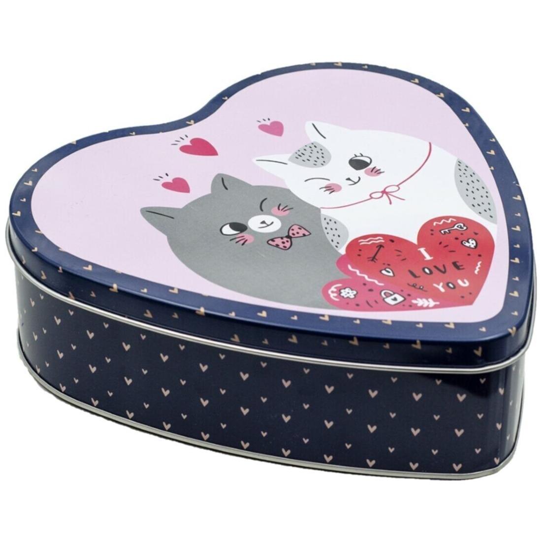 Heart Shape Metal Box 2.3L Metal Lid Cats Dark Blue